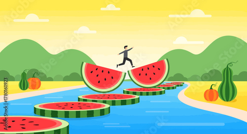 A Person Leapfrogging Across Watermelon Slices in a Playful Summer Scene