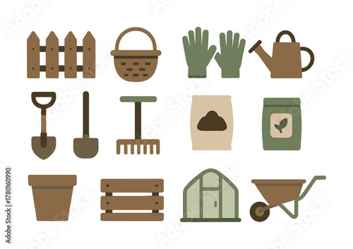 Gardening tools and accessories collection: shovel, rake, watering can, gloves, greenhouse