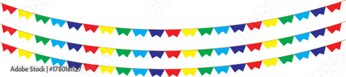 Colorful party flag bunting garlands in red, yellow, green, blue, and purple. Perfect for festival, celebration, or birthday decoration designs.