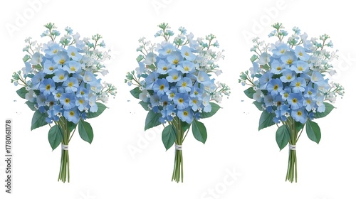 Watercolor Forget-Me-Not Bouquets with Green Leaves on White Artistic Background