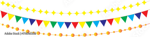 Colorful party flag bunting garlands in red, yellow, green, blue, and purple.