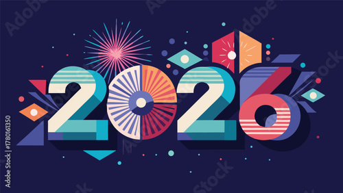 Happy new year 2026 celebration banner, modern geometric design