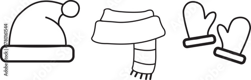 Simple winter clothing line art featuring a hat, scarf, and mittens. Perfect for seasonal designs, holiday illustrations, children’s activities, or winter fashion graphics.