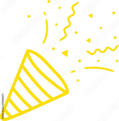 A hand-drawn, yellow-line-art illustration of a confetti popper shooting out celebratory confetti, streamers, and small particles.