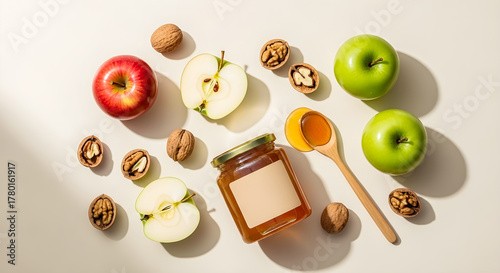 Healthy Apple and Honey Flat Lay on Cream Background
