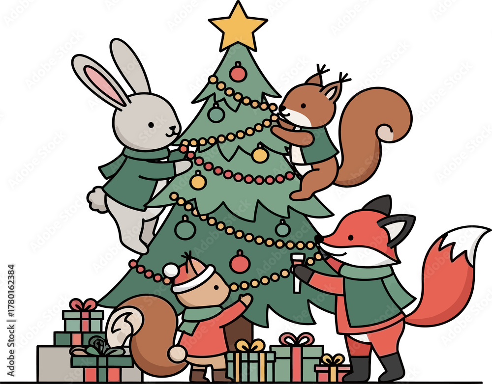 Obraz premium Cute Forest Animals Decorating Christmas Tree with Ornaments and Gifts Vector Illustration