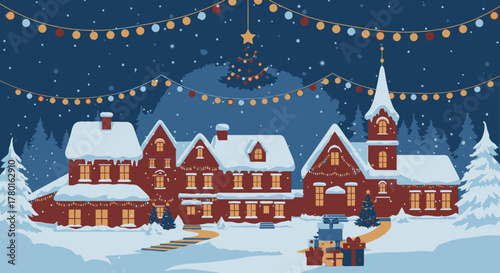Festive winter village scene with snow-covered houses, illuminated Christmas tree, and decorated buildings under a starry night sky, evoking holiday cheer