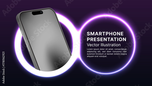 3D Realistic Smartphone Mockup with Neon Glow Rings – Futuristic Mobile Phone Vector Illustration for Technology, App, Banner, Leaflet, Cover, and Website Design