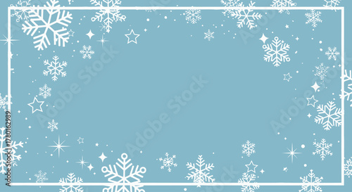 Sparkling white snowflakes and stars forming a festive frame on a tranquil light blue background, ideal for winter holiday designs and greeting cards