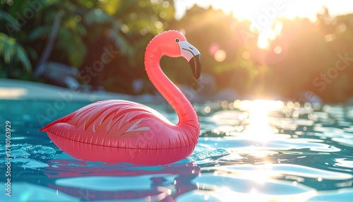 A vibrant pink inflatable bird floats serenely on the surface of bright blue water, with sunlit tropical foliage in the backdrop