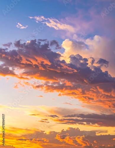 A vibrant skyscape showcases illuminated clouds tinged with orange, pink, and purple hues against a blue gradient