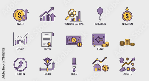 Financial investment icon set representing various investment opportunities and concepts