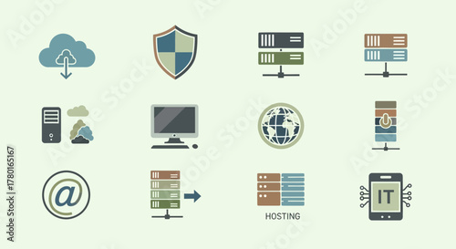Infographic technology icons, representing cloud computing, server security and hosting