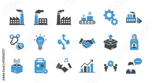 Diverse industry and business icon set representing manufacturing processes and strategies