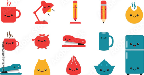 Cute flat emotes of everyday objects with faces like coffee mug, lamp, pencil, and fridge