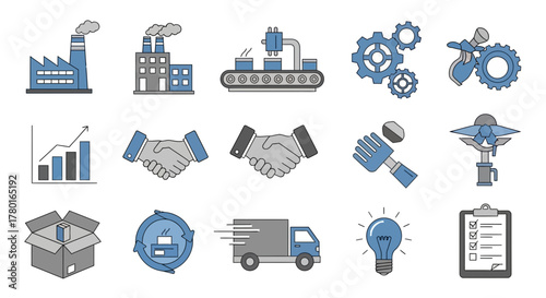 Illustration collection representing industrial processes and business elements on white background