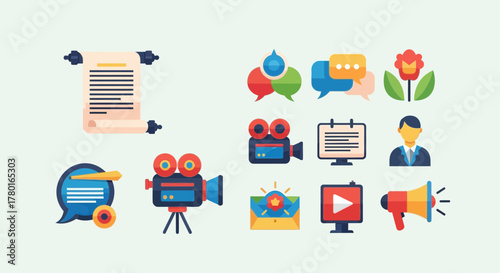 Vibrant flat design vector icon set for multimedia marketing and communication elements