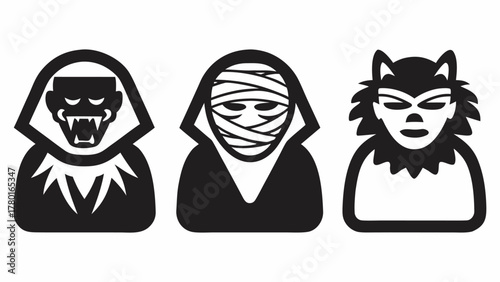 Spooky Halloween fun with classic monster icons of a vampire, mummy, and werewolf ready for trick-or-treating and haunted house decorations