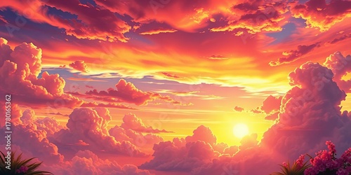 Vibrant anime-style sunset sky, summer landscape panorama with fluffy clouds and warm colors, sunrise, beautiful