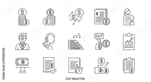 Essential line icons illustrating cost reduction strategies and financial management