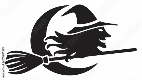 Silhouette of a witch flying on a broomstick against the moon, perfect for Halloween designs, spooky events, and magical themes ready for commercial use