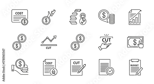 Collection of outline icons representing business concepts and cost reduction strategies