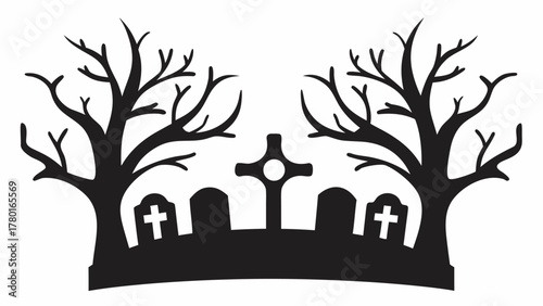 Eerie graveyard silhouette with bare trees and tombstones, perfect for Halloween decorations and spooky season designs, a chilling graphic resource