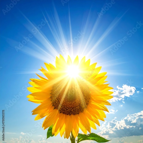 A vibrant yellow sunflower in full bloom is featured against a brilliant blue sky, rays of sunshine emanating from the flower
