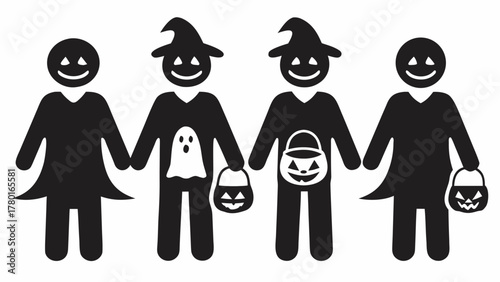 Happy Halloween Trick or Treaters! Festive friends celebrate spooky season, dressed in costumes, gathering candy, and enjoying the autumn holiday fun