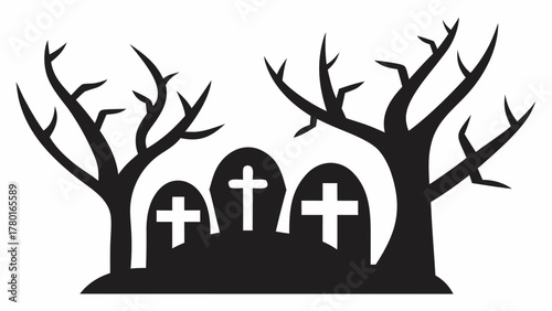 Spooky Halloween graveyard scene with tombstones and bare trees, perfect for holiday designs and eerie themed projects, originally a scalable vector graphic