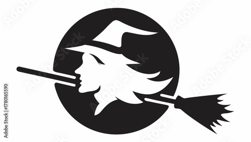 Whimsical witch soaring on broom, perfect for spooky Halloween designs and magical themed projects, a classic silhouette for a festive touch