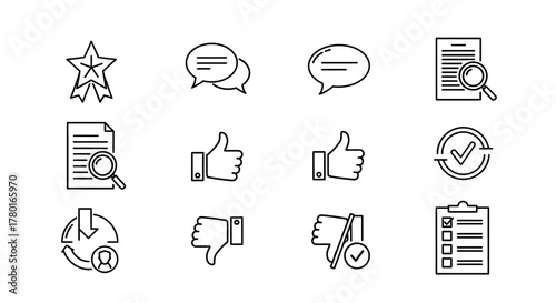 Icon Set Representing Feedback, Review, and Performance Evaluation Concepts in Business
