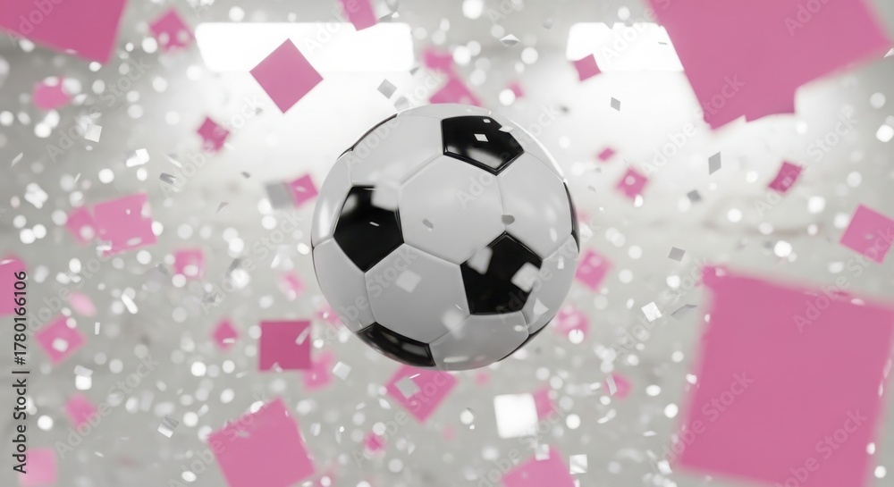 Fototapeta premium Soccer ball surrounded by festive pink confetti