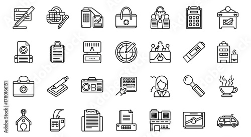 Collection of black and white line icons representing diverse office related activities