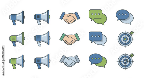 Collection of business communication icon elements in a flat design style representation