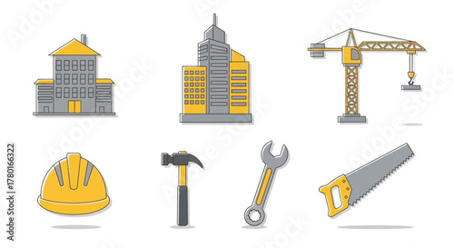 Construction Site Icons Vector Illustration featuring Buildings and Equipment