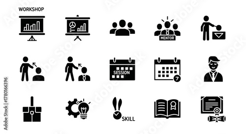 Comprehensive collection of workshop and business training related vector icons