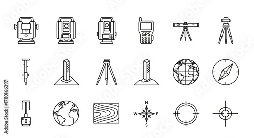 Collection of surveying and cartography equipment, engineering instruments vector line icons