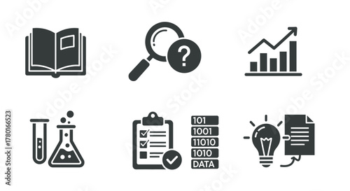 Collection of knowledge, research, and analytical vector icons representing business science