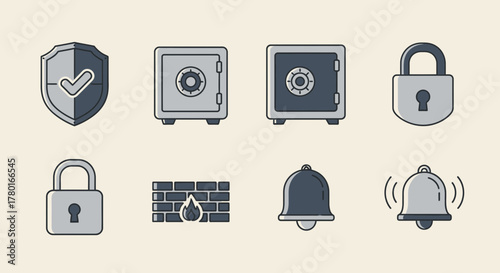 Security and safety icon set featuring shield, safe, padlock, brick wall, and bell design
