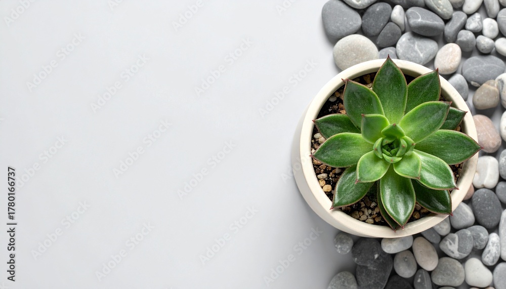 Obraz premium 조약돌 위 아이보리 화분 속 에케베리아 다육이의 미니멀한 탑뷰 구성 Top view of Echeveria succulent in ivory pot surrounded by pebbles on light gray background