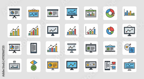Vector icon set for business presentations and financial analysis depicting charts and graphs