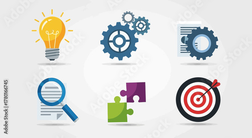 Flat design icons representing business strategy, analysis and development themes