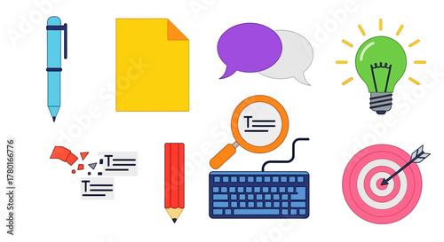 Colorful graphic representation of writing, editing and communication concepts on white