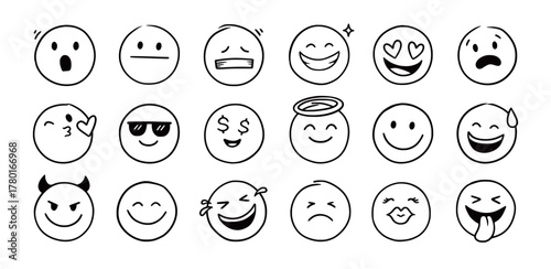 Doodle Emoji face icon set. Hand drawn sketch doodle style. Emoji with different emotion mood, happy, sad, smile face. Comic line emoticon character art. Vector illustration