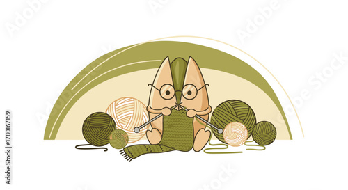 A Whimsical Cat Engaged In The Craft Of Knitting With Vibrant Yarn Balls