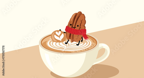 A Whimsical Pecan Character Enjoying a Delightful Coffee Moment with Heart Latte Art