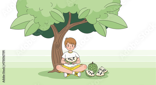 A Young Boy Joyfully Relaxes Under a Shade Tree While Savoring Fresh Exotic Fruit