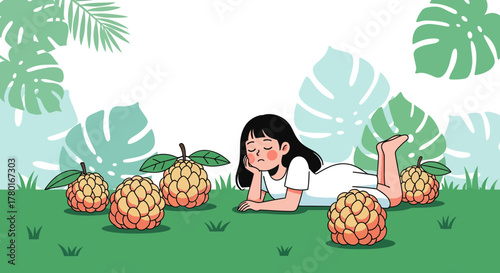 A Young Woman Is Resting Under The Leaves Alongside The Fruits