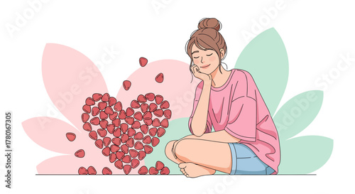A Young Woman Finds Contentment Near a Heart Composed of Abstract Petal Shapes